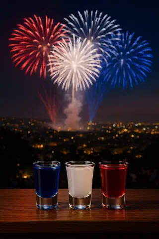 Three shots in the colours of the French flag on a wooden counter, festive fireworks over the city behind