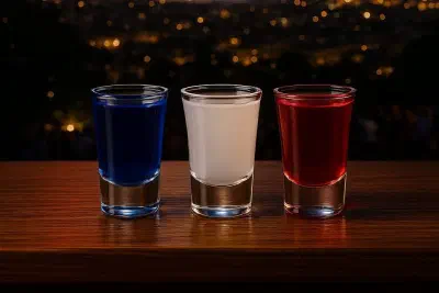 Three shots in the colours of the French flag on a wooden counter, festive fireworks over the city behind