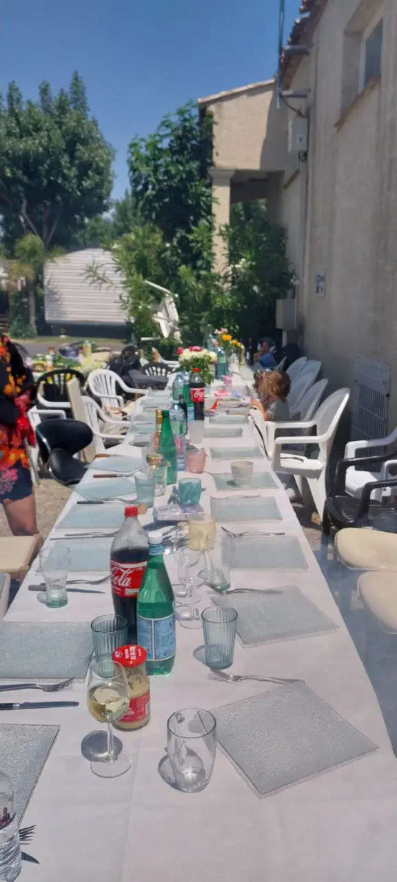 Long festive table set with drinks, glasses and flowers along a mobile home